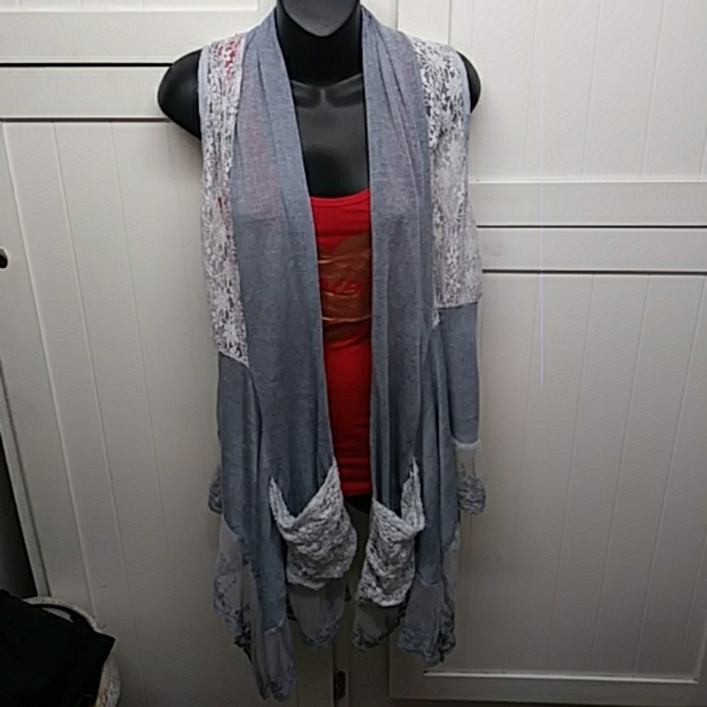 Simply Couture light blue and lace Long Sheer Vest